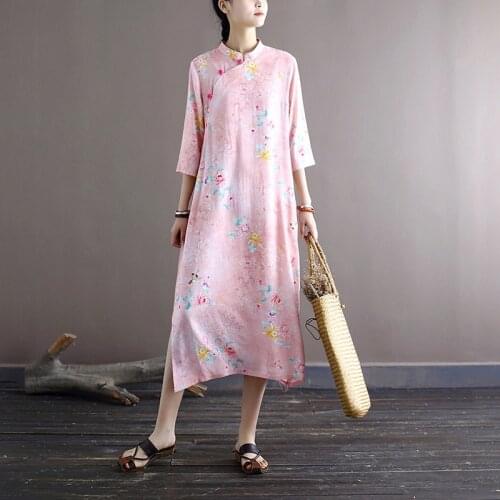 Johnature Women Vintage Stand Dresses Print Floral Cotton Linen Cheongsam 2021 Summer New Seven Sleeve A-Line Women Dresses