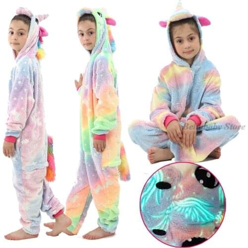 Winter Flannel Soft Warm Unicorn Kigurumi Pajamas Hooded Animal Cartoon Boys Pyjamas Girl Kids Sleepwear Glow In Dark Onesie Set