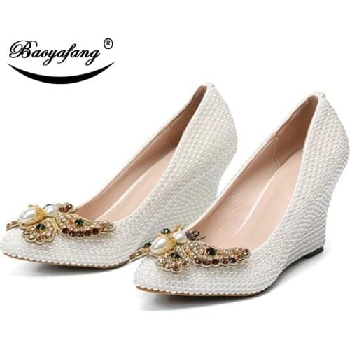 BaoYaFang Pointed Toe Wedges Womens Party dress shoe White Pearl Wedding shoes 2019 NEW ARRIVE big size PUMPS