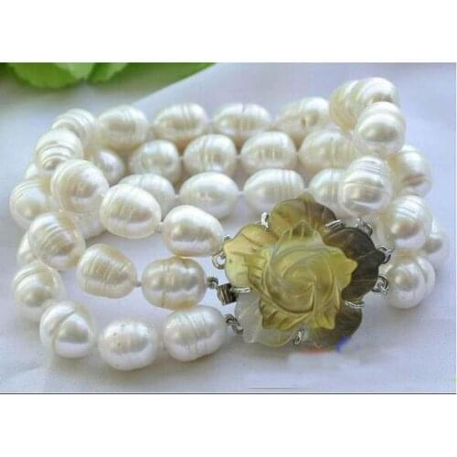 Genuine Pearl Jewelry 3 Rows 8 Inches 10-11mm Rice Shape White Color Freshwater Pearl Bracelet Shell Flower Clasp