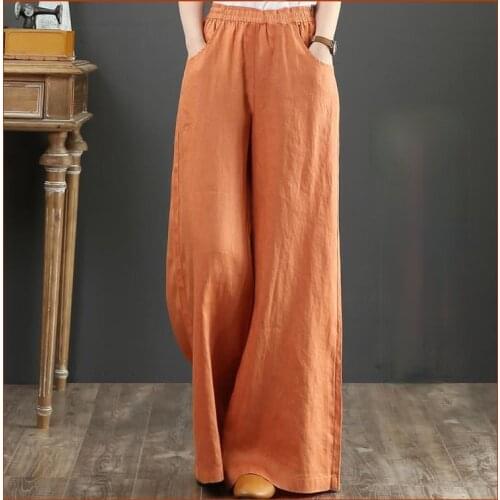 Summer Trousers High Waist Solid Cotton Linen Pantalon Black Women Long Wide Leg Pants Loose Palazzo Plus Size 5XL X194
