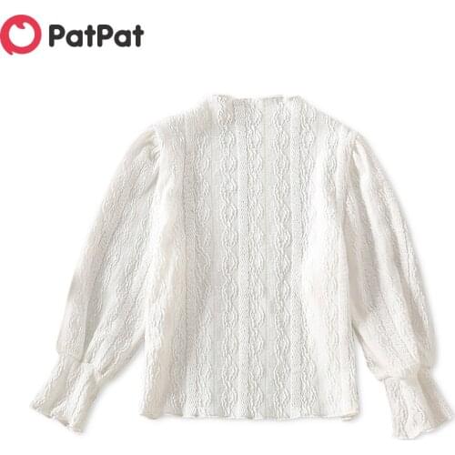 PatPat Toddler Girl Stand Collar Solid Knit Bishop sleeve Top