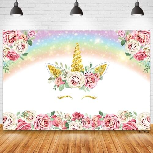 Custom Name Decor Backdrop Gold Unicorn Rainbow Flowers Birthday Party Background Baby Child Girls Photography Photo Studio Prop