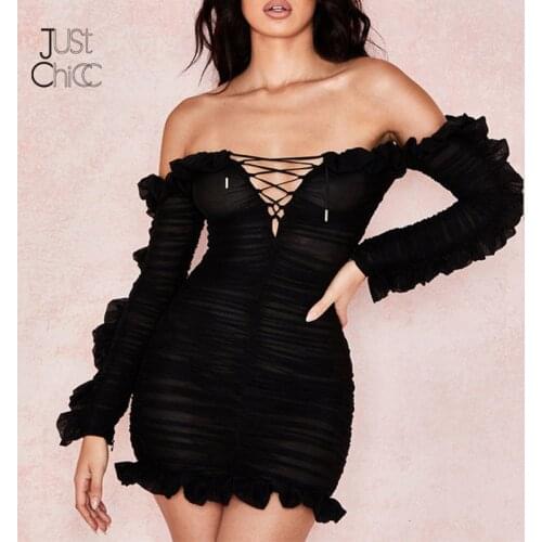 Justchicc 2019 Autumn Winter Hollow Out Sexy Dresses Bodycon Ruffles Off Shoulder Mesh Dress Ribbons Slim Black Dress Vestidos