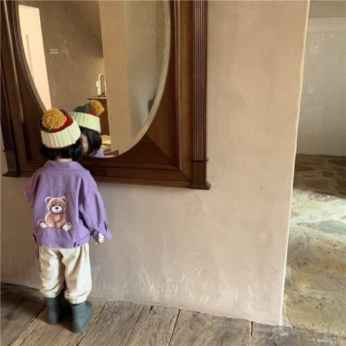 Girls Coat Spring Autumn 2021 New Fashion COTTON Casual Denim Jackets Full Solid Bear Turn-down Collar Simple Girls Jacket