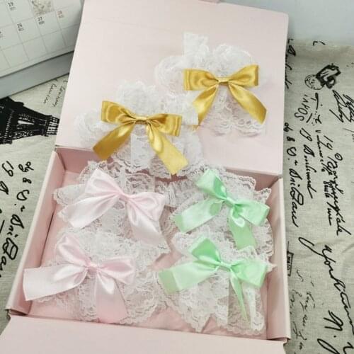 Gothic Lolita Wrist Cuffs Sweet Satin Bow Ruffles Floral Lace Tulle Bracelet Wristband Japanese Maid Cosplay Hand Sleeve