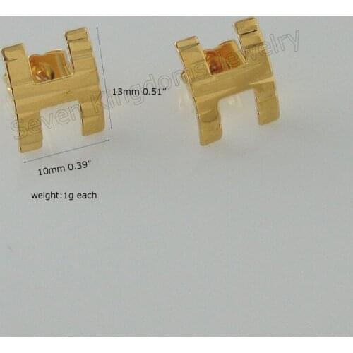 MIN ORDER 10$ CAN MIX DESIGN /LETTER INITIAL H CARVED LINES STUD EARRING - YELLOW GOLD GP - GOLD OVERLAY 10*13mm