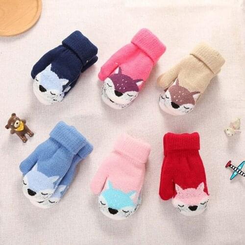 0-3 Y Cute Cartoon Fox Baby Gloves Winter Knitted Wool Infants Mittens Thicke Warm Full Rope Gloves For Boys Girls Toddlers