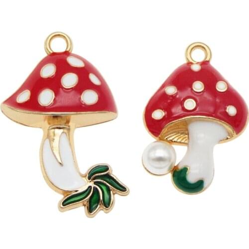 Julie Wang 4PCS Enamel Red Mushroom Charms Zinc Alloy Plant Pendant Bracelet Jewelry Making Accessory