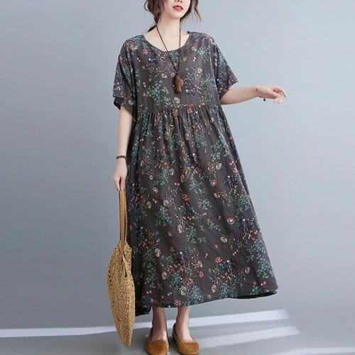 New 2021 Summer Women Dress Plus Size 4XL 5XL 6XL Cotton Linen Dress Robe Female Oversize Floral O-Neck Short Sleeve Maxi Dress