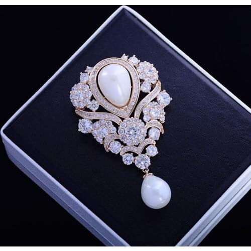 OKILY Vintage Women Large Pearl Bridal Zircon Rhinestone Water Drop Brooch Pin Jewelry Charm Wedding Party Sparkling Brooch