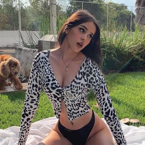 Autumn Cardigans Sexy Leopard Print Crop Top Long Sleeve T-Shirts Women V Neck Button Design Tops Slim Fitness Tee Ropa Mujer