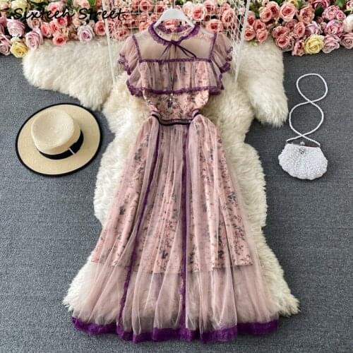 Dresses for Women Summer Lace Ruffle Lady Slim Mesh Korean Dress Female Vintage Sexy Y2k Vestido De Mujer High Quality Clothing