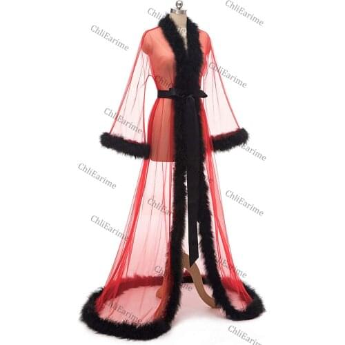 Sexy Feather Robe Long Sheer Bridal Dressing Gown Tulle Fur Illusion Boudoir Lingerie Nightgown Wedding Scarf