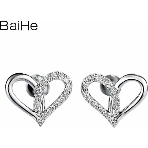 BAIHE Solid 14K White Gold 0.18ct Natural Diamonds Cерьги 2020 Tренд Cережки Trendy Fine Jewelry Heart Stud Earrings Women Gift