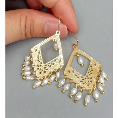 YYGEM Office style Natural White Rice Pearl Yellow Sea Shell Rhombus Shape Hollow-carved Dangle Hook Earrings