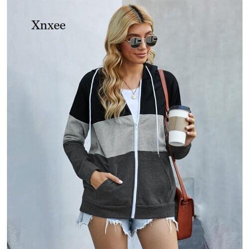 Patchwork Hooded Sportswear Female Top Draw String Straight Solid Pocket Womens Hoodies Polyester Spandex Autumn Winter Coat