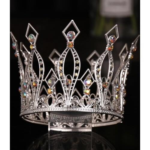Silver Color Crystal Tiaras And Crowns Colorful Rhinestone Round Queen Diadems Wedding Hair Accessories Bridal Hair Jewelry Gift
