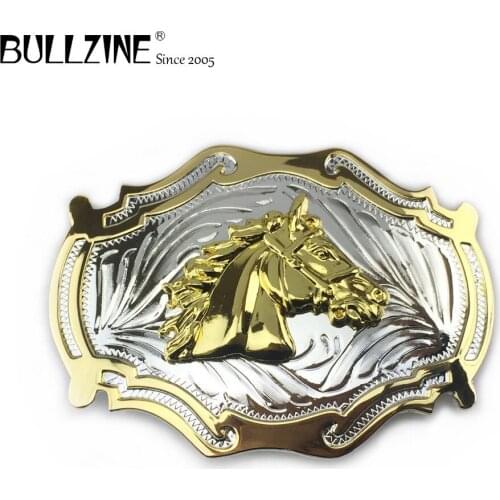 The Bullzine western horse head belt buckle with silver and gold finish FP-03535 for 4cm width snap on belt