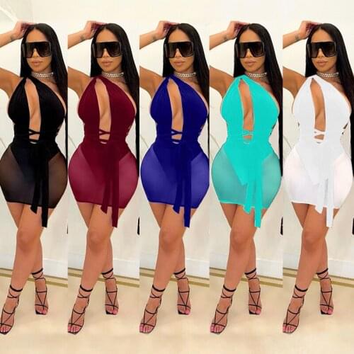Y8010 summer ladies new sleeveless tight-fitting halter strap high stretch nightclub sexy mesh slim mini dress