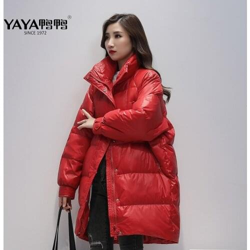 YAYA Womens Winter 90% White Duck Down Jacket Simple&Thicken Warm Parkas Green/Red/Black Stand-up Collar Loose Down Jacket