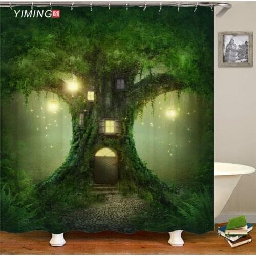 Natural green dream forest scenery 3D printing bathroom shower curtain polyester waterproof home decoration curtain with hook
