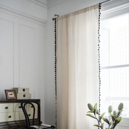 American style Beige Cotton and Linen Living Room Curtain with Black Tassel Room Divider