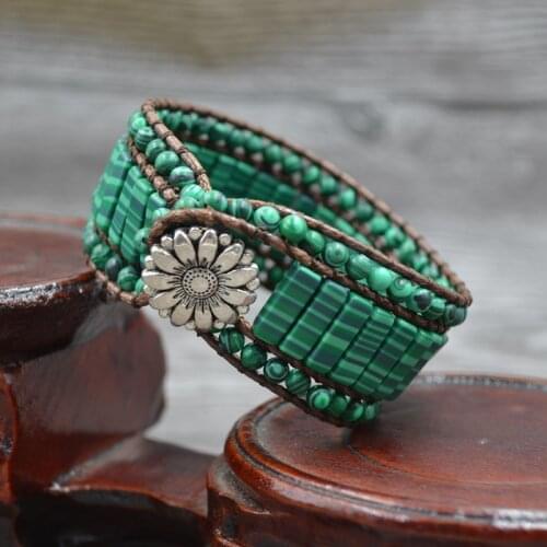 Asingeloo Blue Malachite Stone Handmade Leather Wrap Bohemia Bracelets for Women Girls