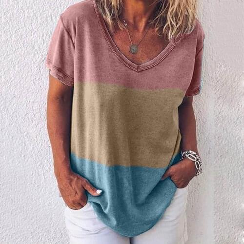 40#Casual Patchwork T-shirt Women Leisure Letters Striped Print Shirt Sexy V-neck Short Sleeve Tee Tops Tunic Женские Футболки