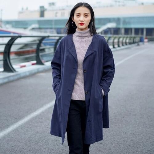 Solid Pockets Women Trench Coat Windbreaker Mid-length Spring Autumn Loose O-neck Spring Autumn Long Coats Woman TA5339