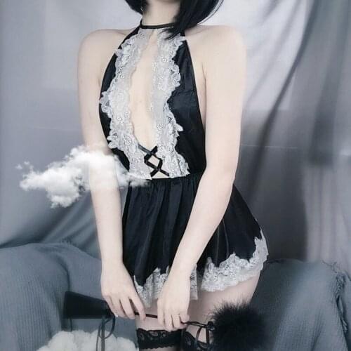 Fashion Sexy Lace Satin Lingerie Smooth Silk-like Sleeping Night Dress Temptation Underwear Sling Embroidery V-Neck For Women