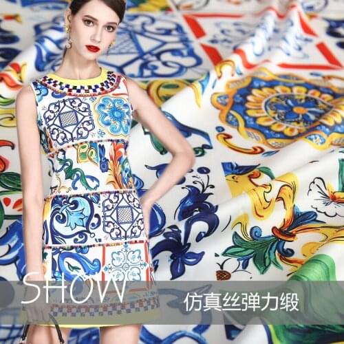 2018 new flower pattern imitation silk elastic satin/cotton polyester floral digital printing fashion fabric wholesale stock