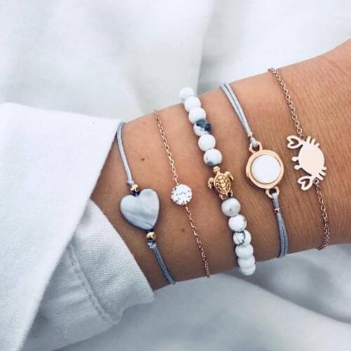 5Pcs/ Set Bohemian Heart-Shaped Tortoise Love Crab Bracelets for Women Boho Jewelry Gem Geometric Beads Charm Bracelet