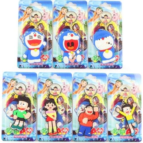 7pcs/set 8cm Anime Doraemon Keychain Rubber Two Sides Pendants Toys Keyring Model Doll