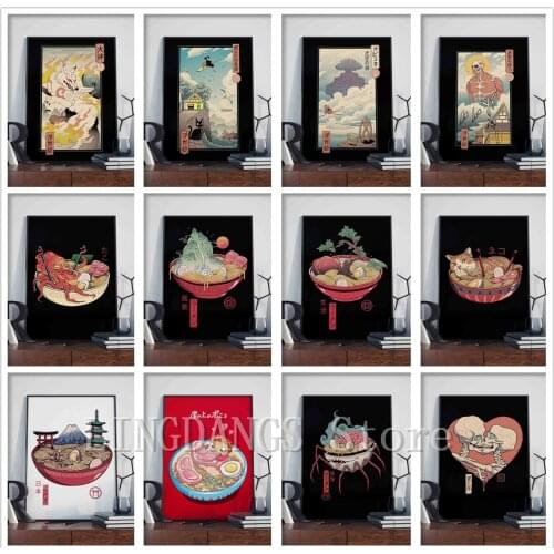 5D DIY Diamond Painting Cartoon Japanese Samurai Cat Ramen Comics Nostalgia Diamond Mosaic Embroidery Cross Stitch Home Decor