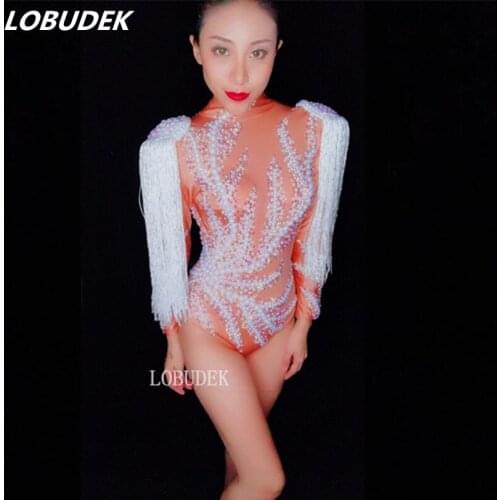 Sparkly Rhinestones Fringed Epaulet Bodysuit White Pearl Crystals Tassel Long Sleeve Bodysuits Sexy Bar DJ Singer Dancer Costume