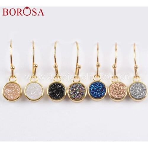 BOROSA Jewelry 5Pairs Round Gold Color 9mm Natural Agates Titanium Rainbow Druzy Dangle Earring Girls Women Jewelry ZG0357-E