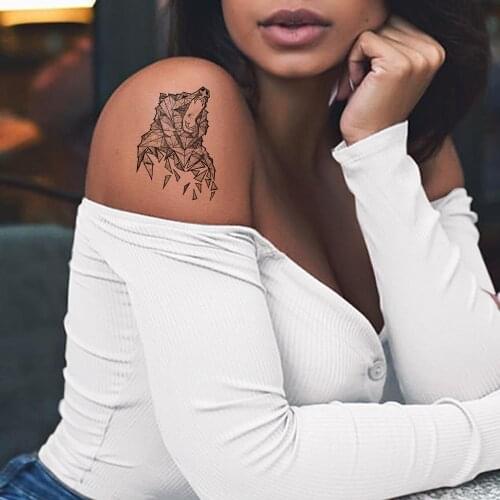 Geometric Bear Animal Black Waterproof Fake Women Neck Tattoo Stickers Body Art Temporary Tattoos Men Ankle Custom Cosmetic Tato