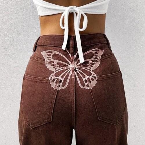 Womens New Fashion Straight Jeans Print Streetwear Sport Blue Denim Jean Baggy Femme Pants Overalls Boyfriend Slouchy Jeans