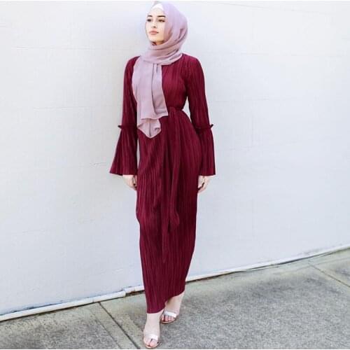 Elegant Pleated Abaya Pencil Dress Flare Sleeve Party Long Robe Gowns Tunic Middle East Ramadan Arab Worship Service Wholesale