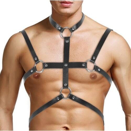 Fetish Men Leather Harness Belts Gothic Body Cage Chest Shoulder Harness Strap Erotic Rave Gay Costumes for BDSM Bondage Sex