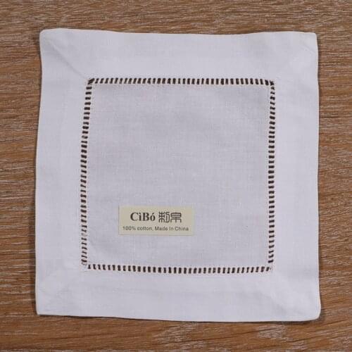 N009-6: White Cotton Hemstitched Cocktail Napkins- 12 pieces 6" X 6"- Ladder Hem Stitch Cloth Napkin Coasters