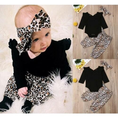 Newborn Kid Baby Girl Leopard Clothes Romper Bodysuit Pants Headband Outfits Set 0-24M