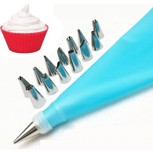 16 Pcs/Set Silicone Icing Piping Cream Pastry Bag+14PCS Stainless Steel Nozzle Pastry Tips Converter DIY Cake Decorating Tools