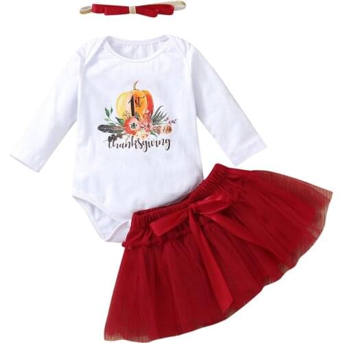 3 Pcs Toddler Thanksgiving Day Outfits Letter Pumpkin Print Long Sleeve Playsuit + Tulle Skirt with Bow + Headband 0-18M