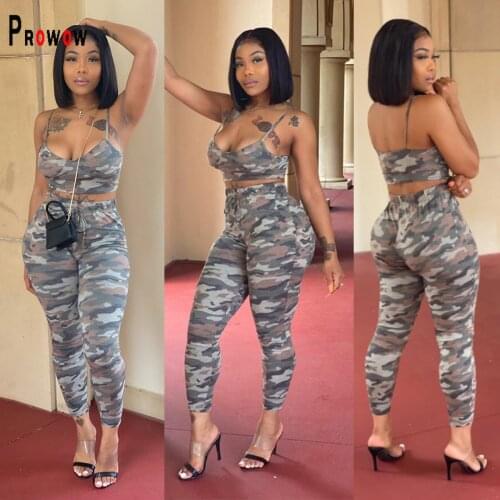 Prowow Camouflage Print Women Clothing Set Corset Tops Long Pant Two Piece Matching Suits New Summer Casual Female Streetwear