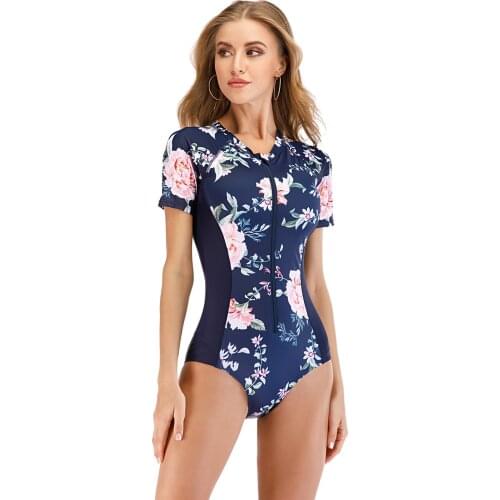 New 2020 One-Piece Swimsuit Print Short Sleeve Women Swimwear Diving Rashguard Bathing Suit Rash Guard Surfing Swimming Suit