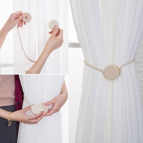1PC/2PCs Magnetic Curtain Clip No Punching Cute Pastorale Round Wooden Ball Cotton Rope Curtains Tieback Magnet Curtains Buckle