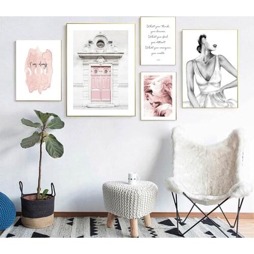 Fashion Pink Style Flower Posters Canvas Painting Abstract Feature Black and White Pictures Prints for Living Room Home Decor