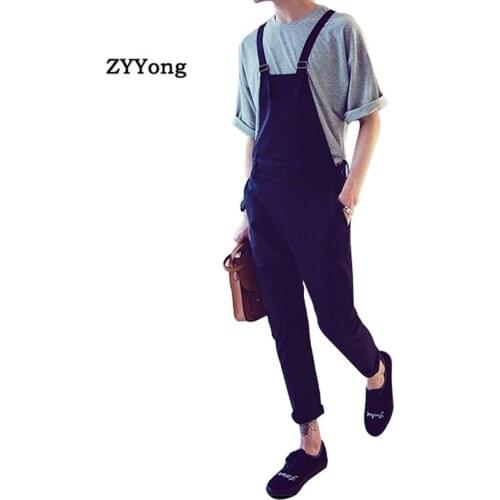 2020 Men Bib Overalls Ankle Length Streetwear Cargo Pants Korean Style Slim Black Jumpsuits Rompers Youth Casual Trousers